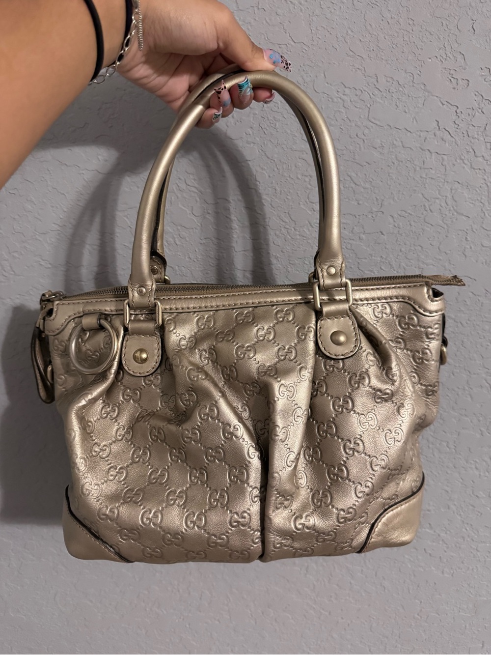 Gucci Metallic Champagne GG Leather Satchel